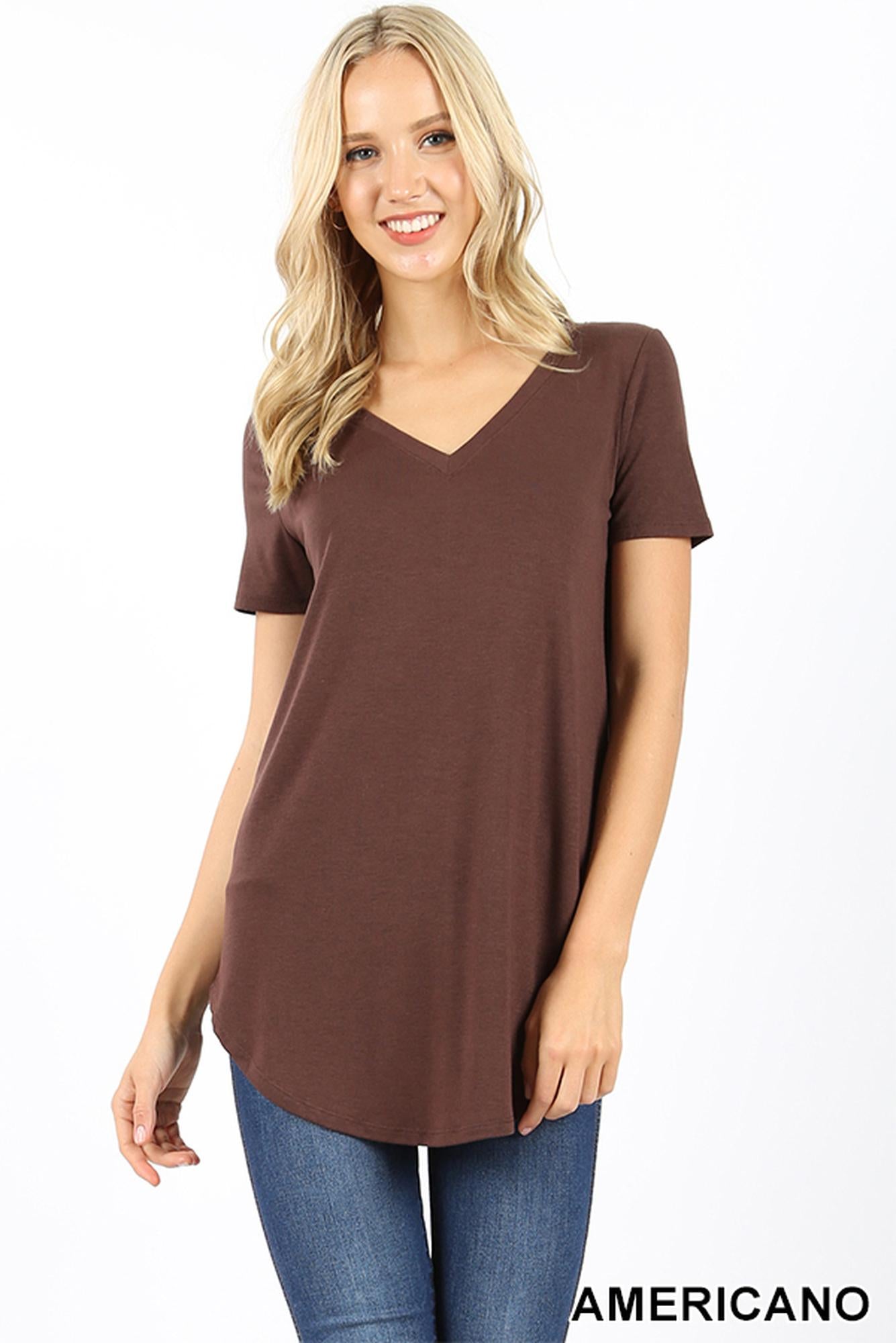 Wholesale Premium Short Sleeve V-Neck Round Hem Top