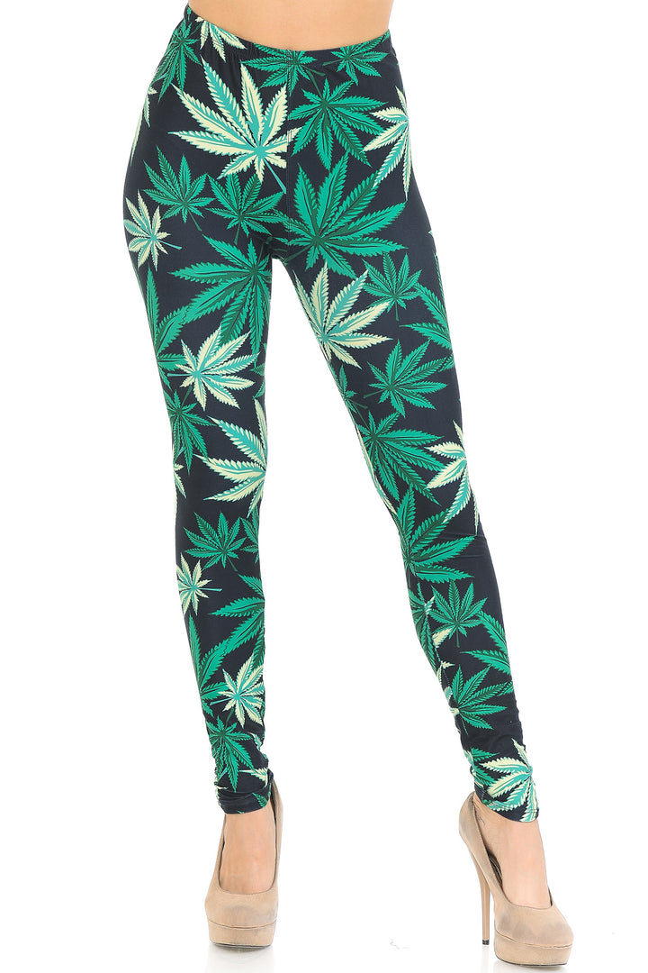 Wholesale Creamy Soft Black Weed Extra Small Leggings - USA Fashion
