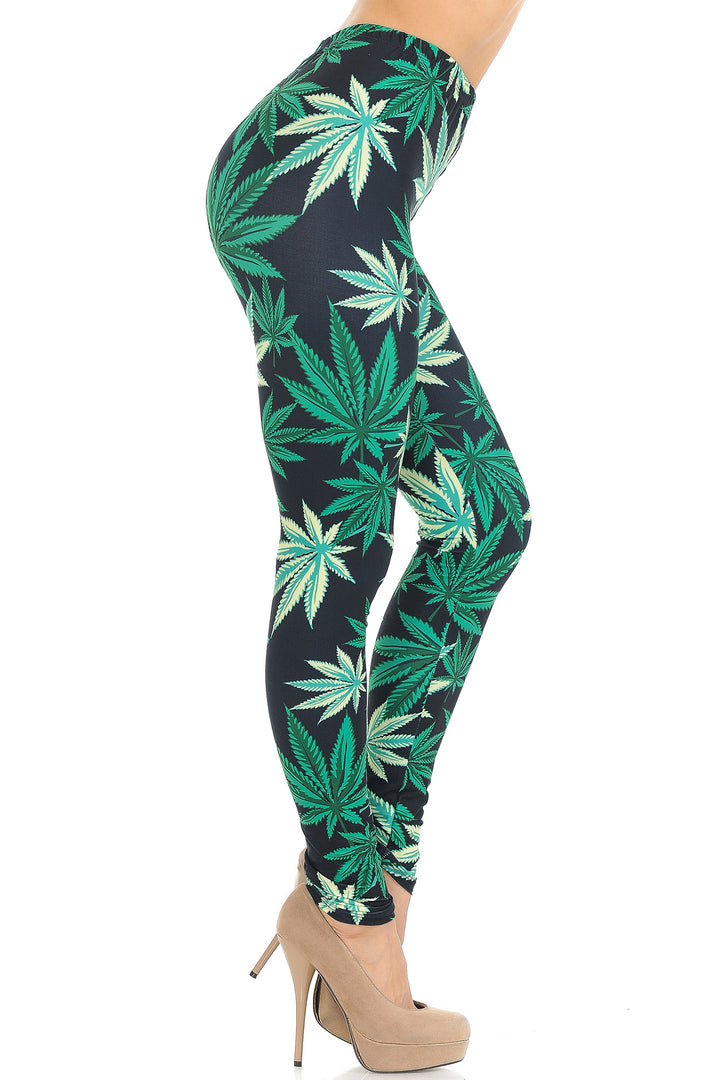 Wholesale Creamy Soft Black Weed Extra Small Leggings - USA Fashion