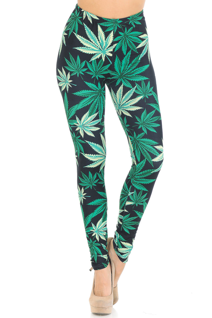 Wholesale Creamy Soft Black Weed Extra Small Leggings - USA Fashion