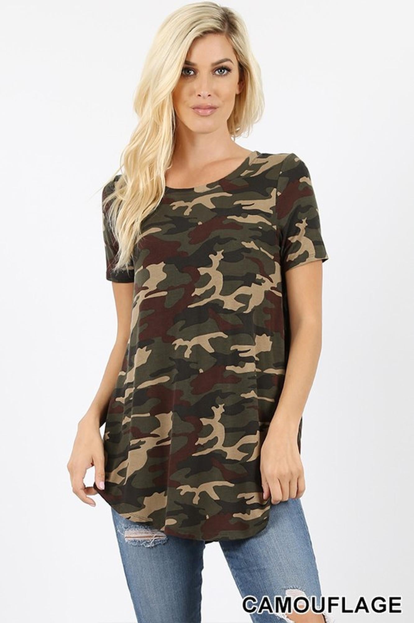 Wholesale Short Sleeve Round Neck and Round Hem Camouflage Top