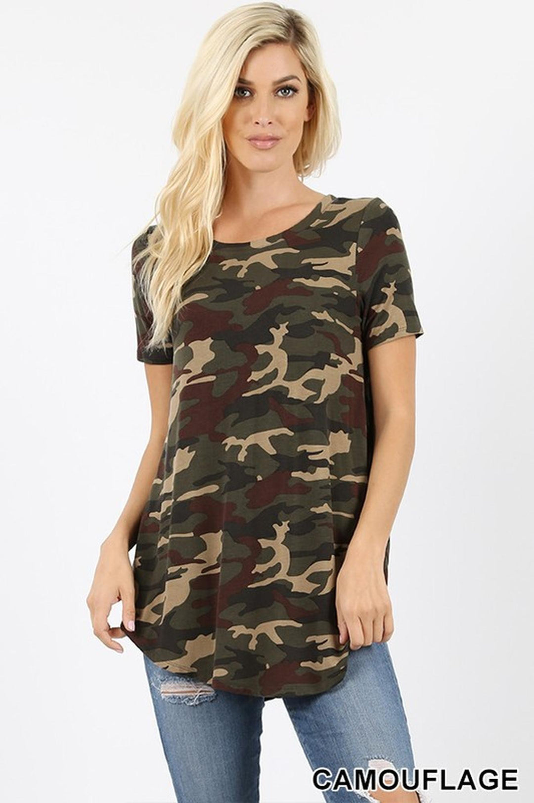 Wholesale Short Sleeve Round Neck and Round Hem Camouflage Top