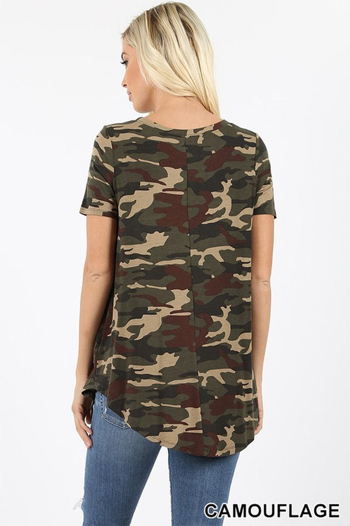 Wholesale Short Sleeve Round Neck and Round Hem Camouflage Top