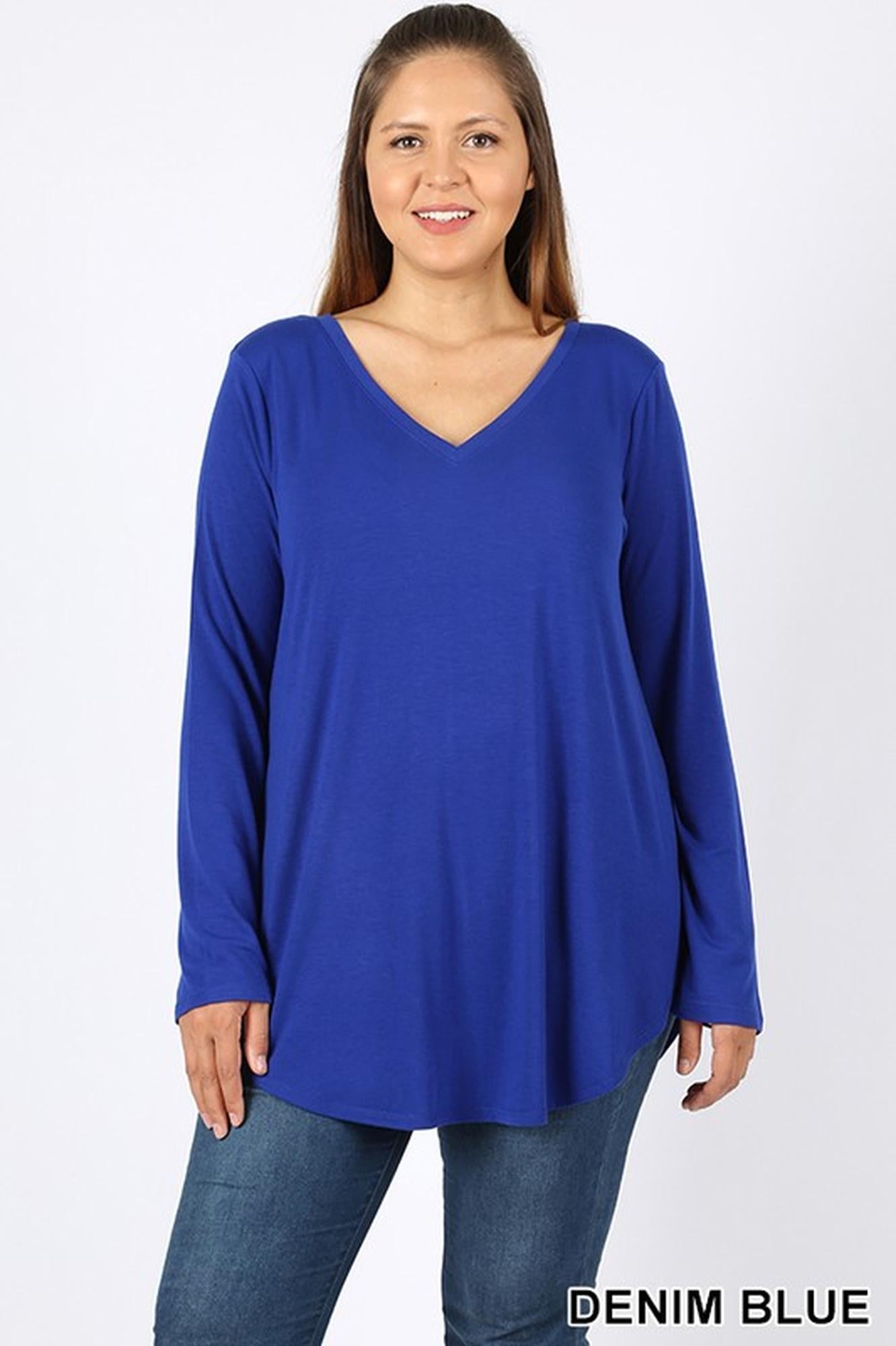 Wholesale Premium V-Neck Round Hem Long Sleeve Plus Size Top