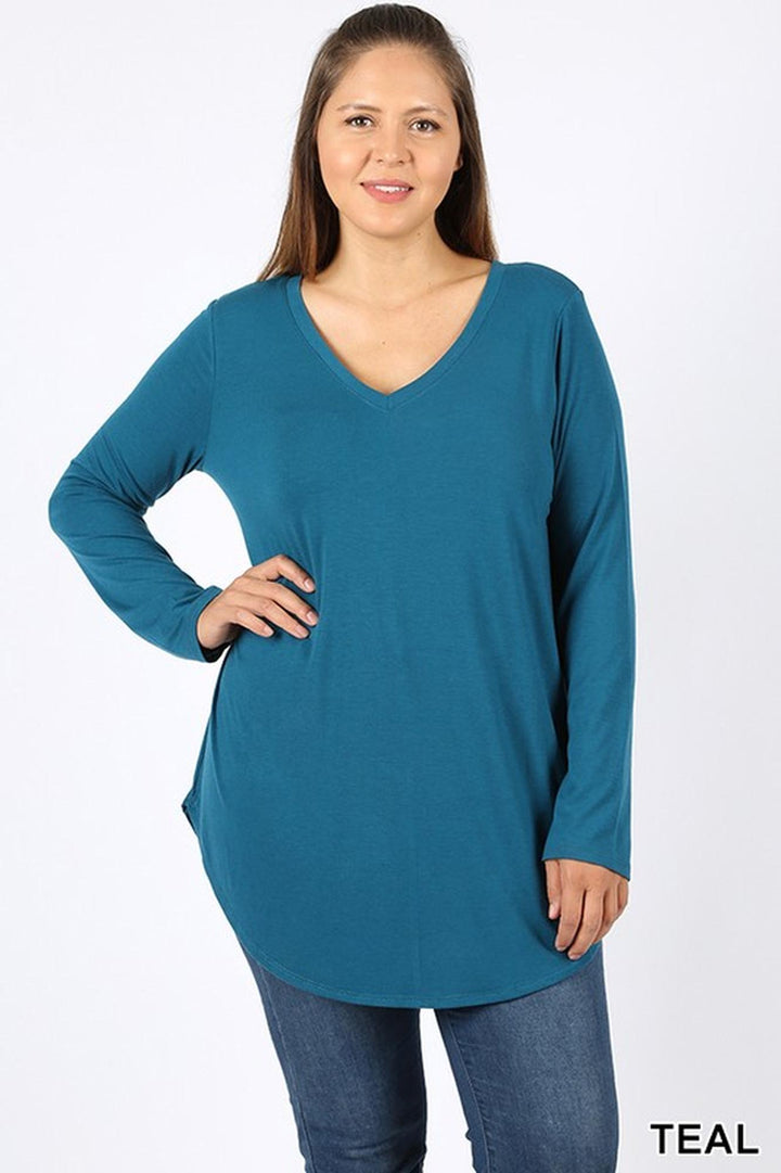 Wholesale Premium V-Neck Round Hem Long Sleeve Plus Size Top