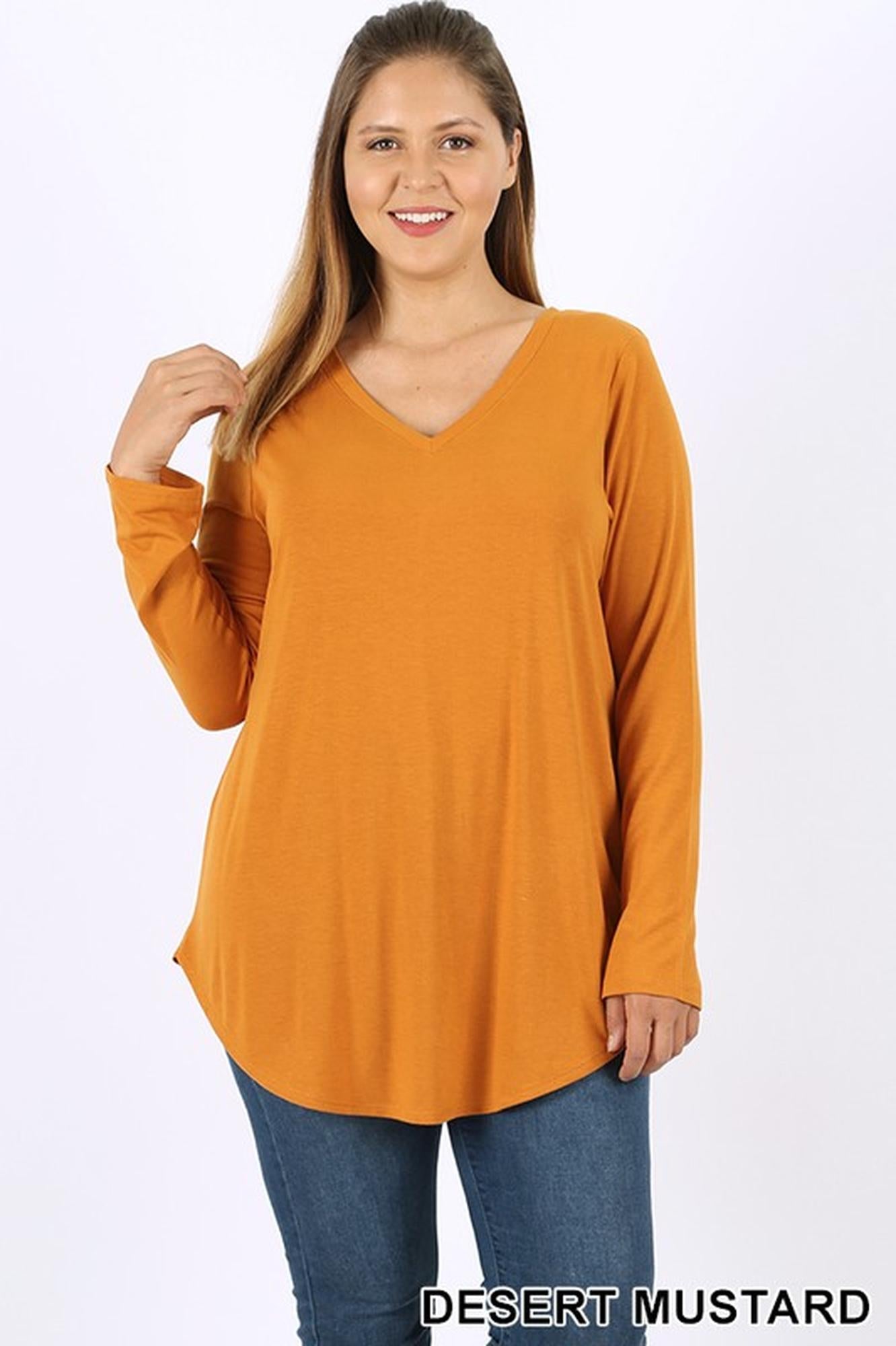Wholesale Premium V-Neck Round Hem Long Sleeve Plus Size Top