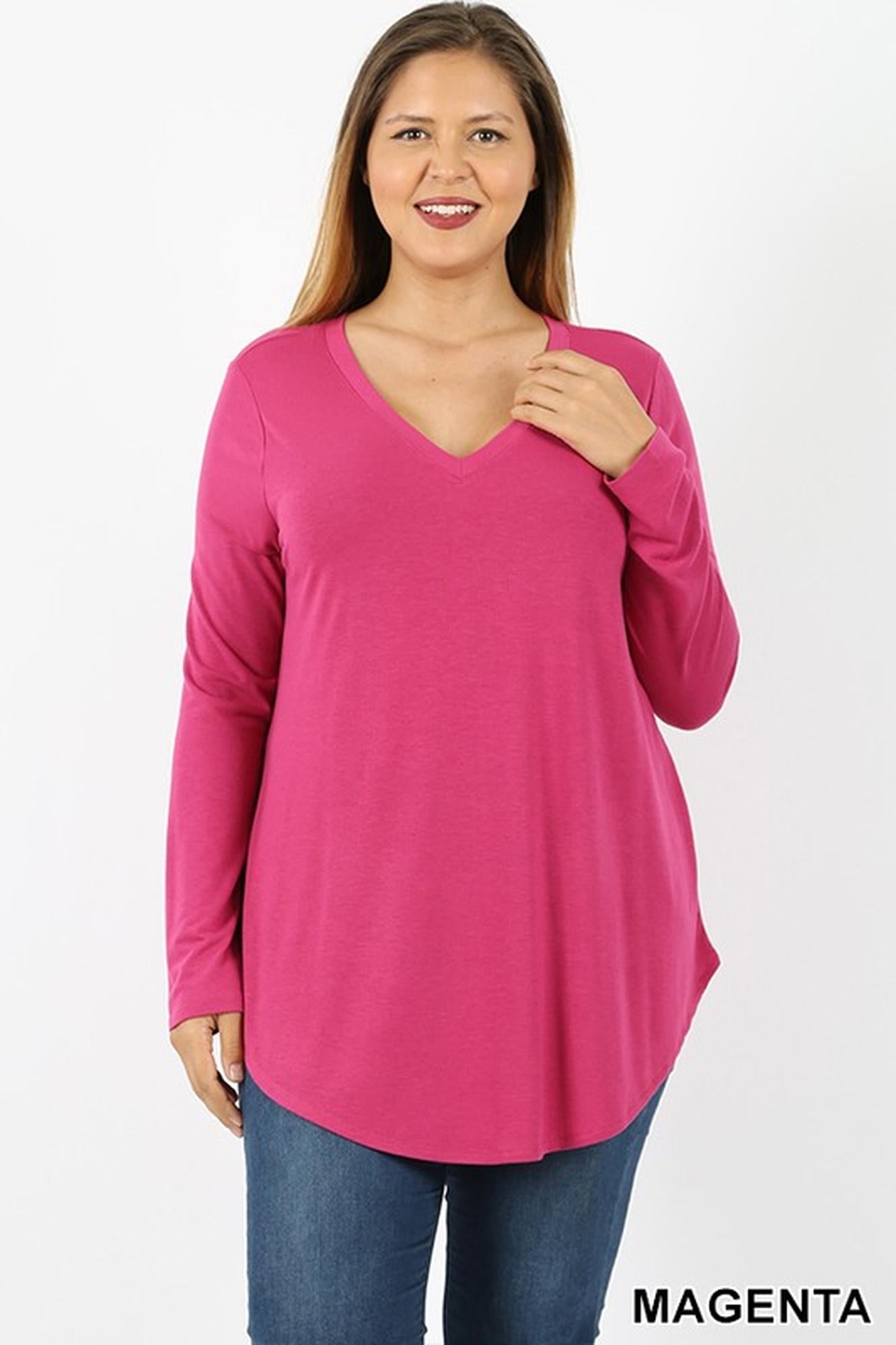 Wholesale Premium V-Neck Round Hem Long Sleeve Plus Size Top