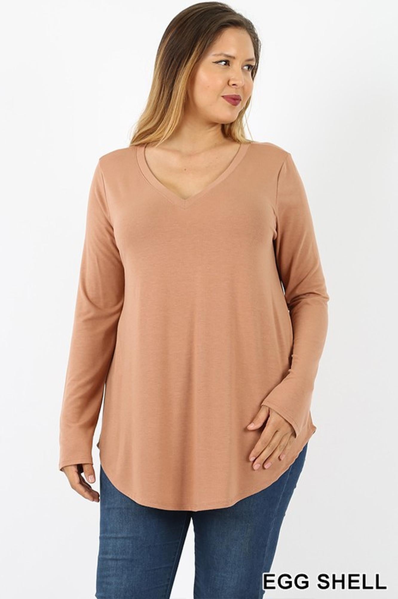 Wholesale Premium V-Neck Round Hem Long Sleeve Plus Size Top