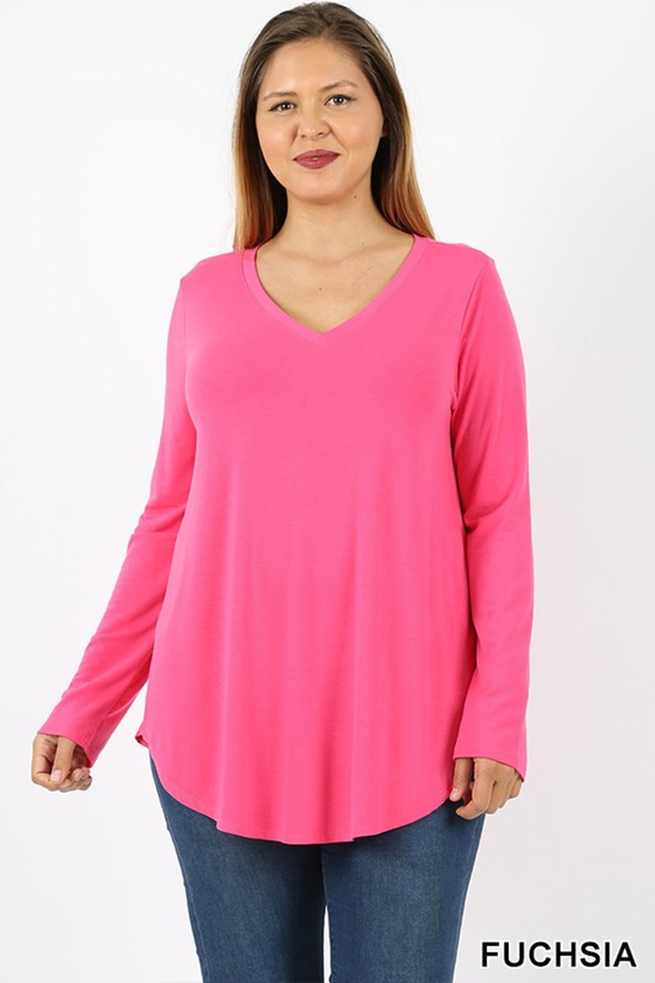 Wholesale Premium V-Neck Round Hem Long Sleeve Plus Size Top