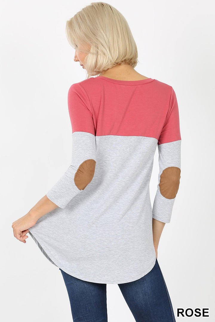 Wholesale Color Block V-Neck 3/4 Sleeve Top with Front Pocket