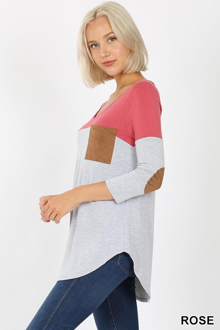 Wholesale Color Block V-Neck 3/4 Sleeve Top with Front Pocket
