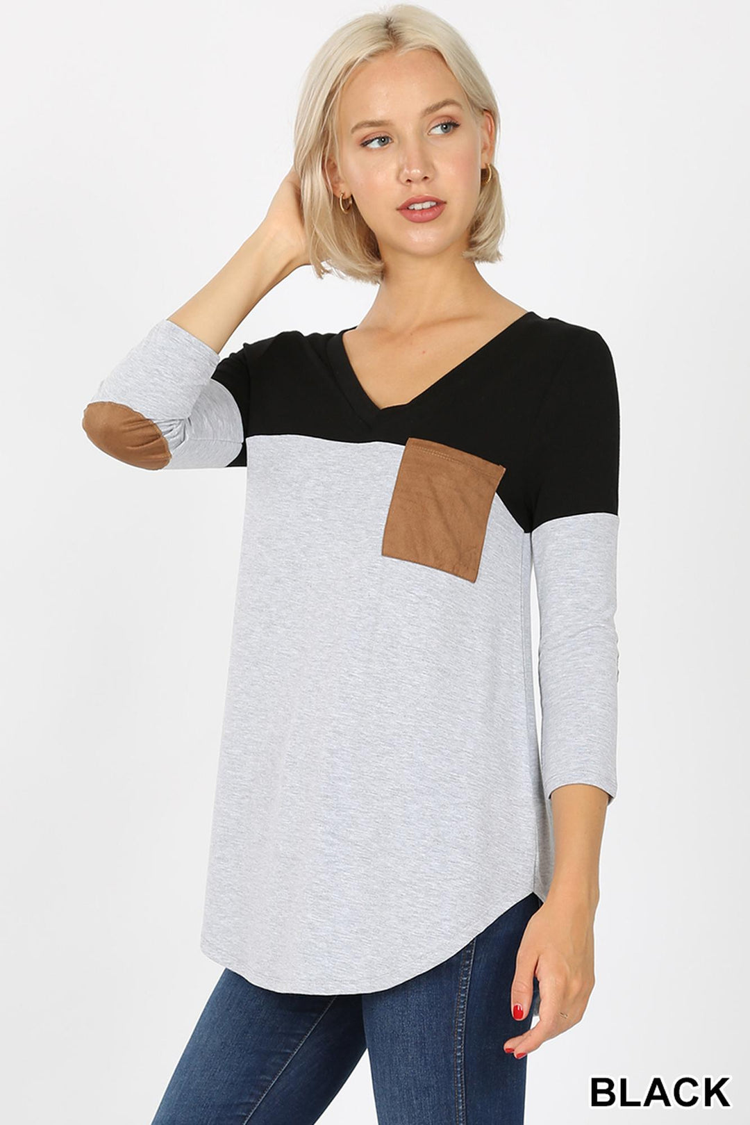 Wholesale Color Block V-Neck 3/4 Sleeve Top with Front Pocket