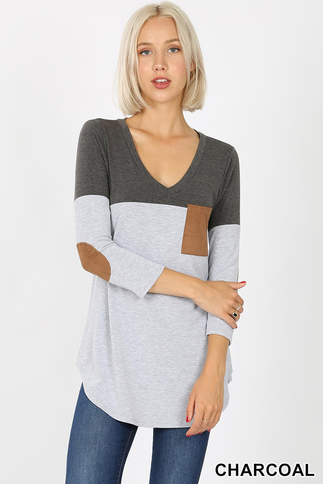 Wholesale Color Block V-Neck 3/4 Sleeve Top with Front Pocket