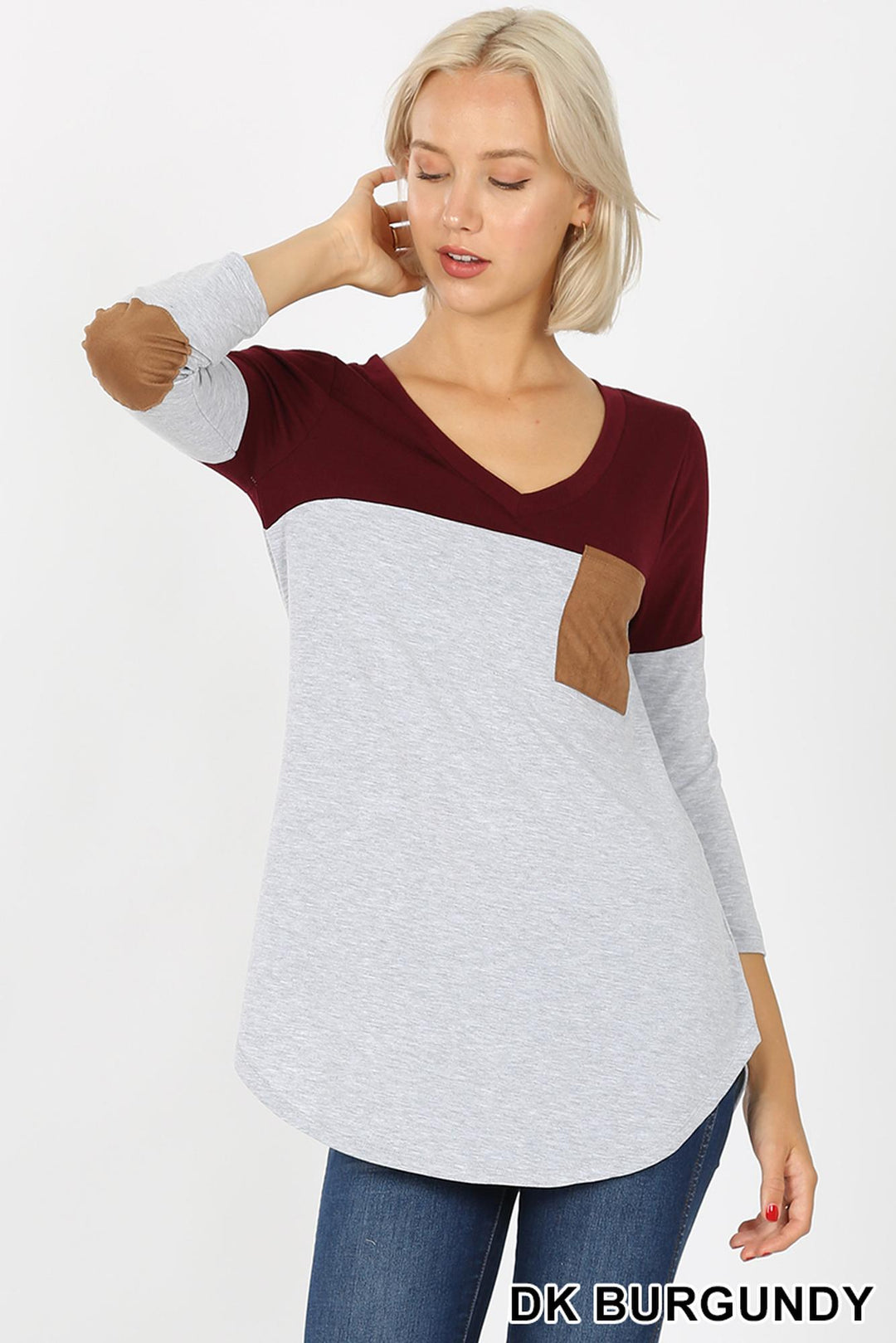 Wholesale Color Block V-Neck 3/4 Sleeve Top with Front Pocket