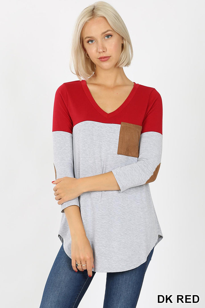 Wholesale Color Block V-Neck 3/4 Sleeve Top with Front Pocket