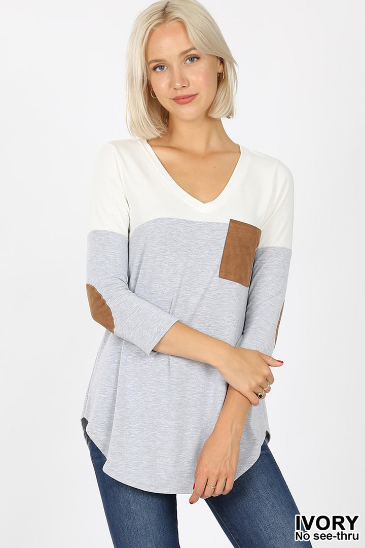 Wholesale Color Block V-Neck 3/4 Sleeve Top with Front Pocket
