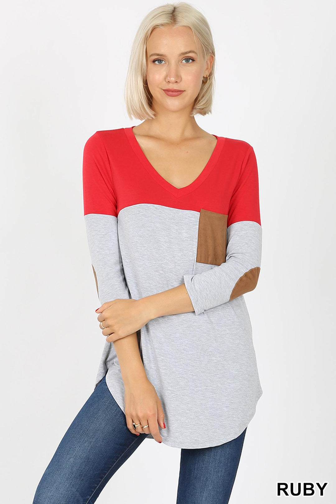 Wholesale Color Block V-Neck 3/4 Sleeve Top with Front Pocket
