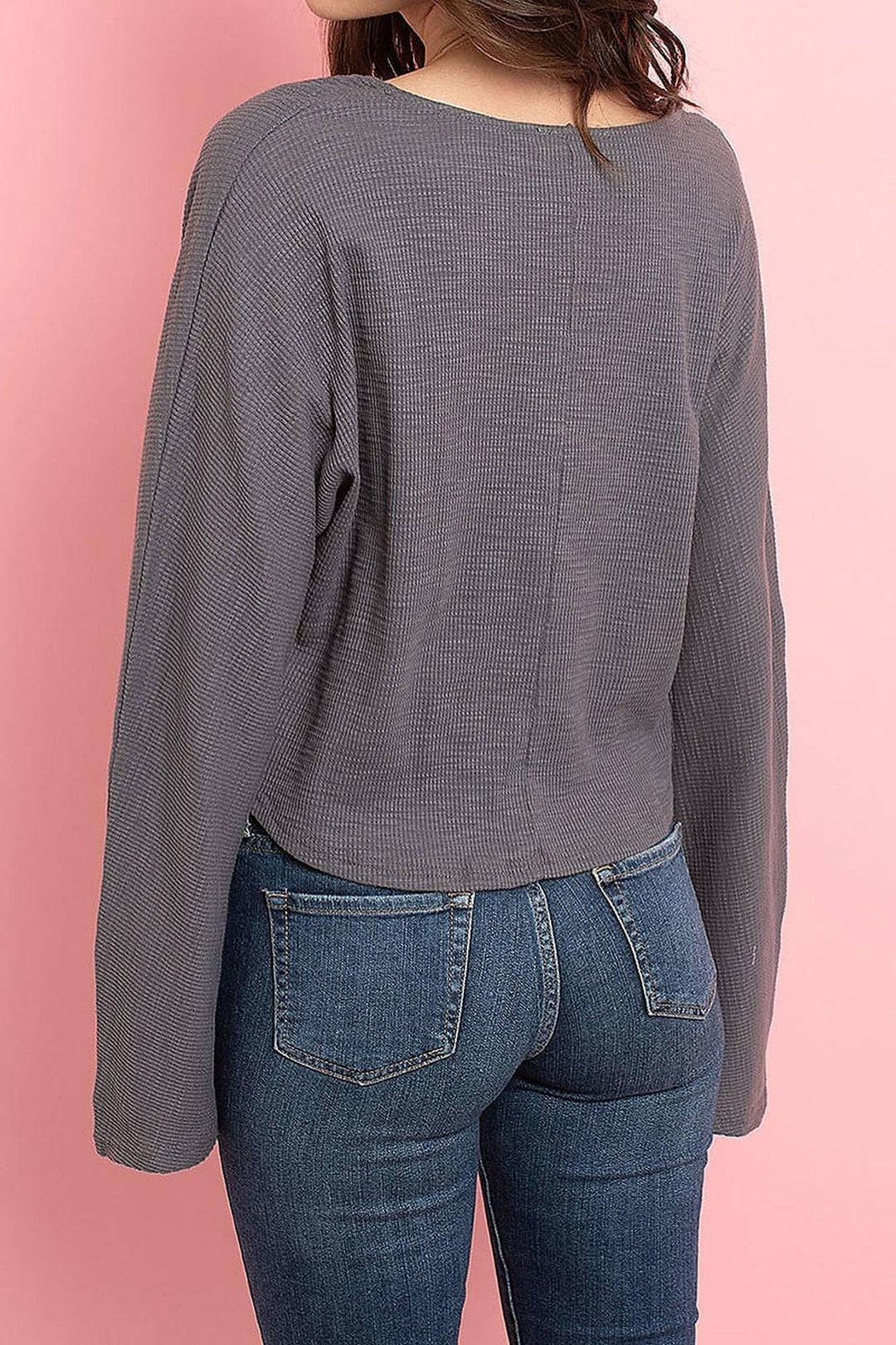 Wholesale Cropped Waist Tie Hem Long Sleeve Cotton V-Neck Top
