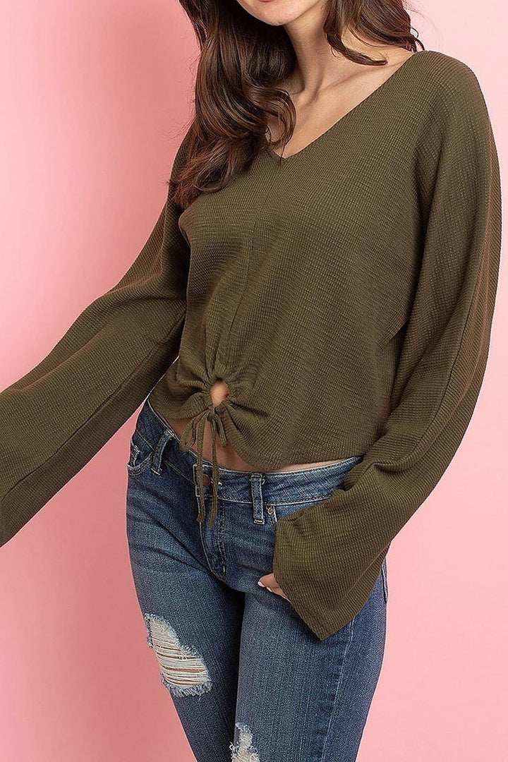 Wholesale Cropped Waist Tie Hem Long Sleeve Cotton V-Neck Top