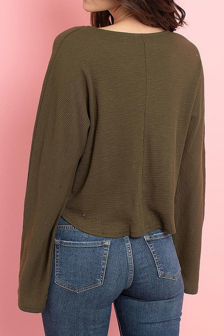 Wholesale Cropped Waist Tie Hem Long Sleeve Cotton V-Neck Top