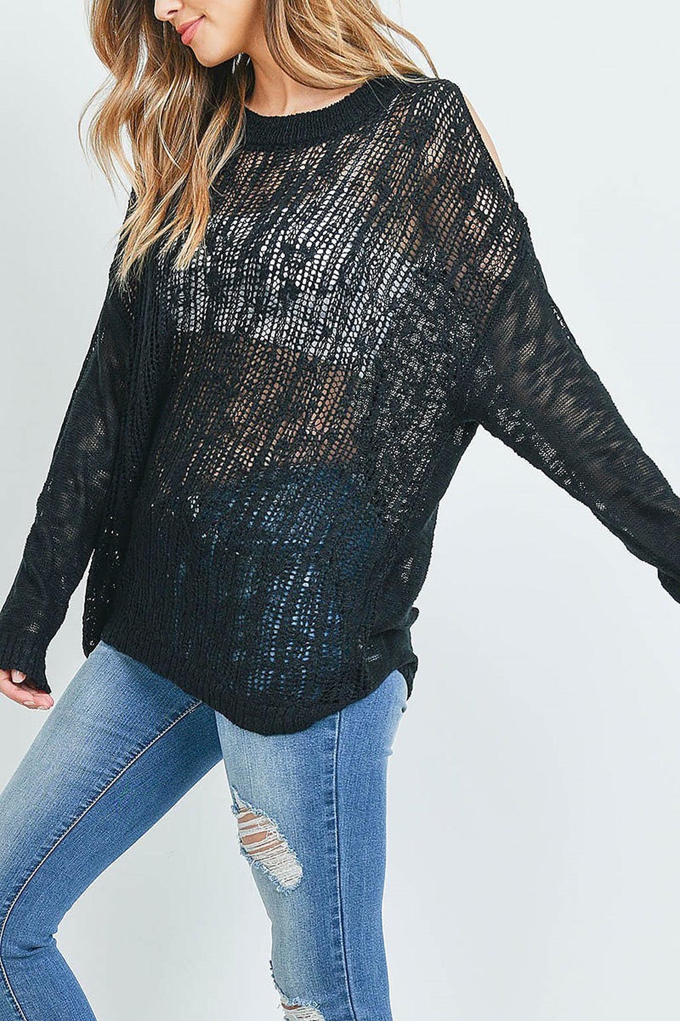 Wholesale Sheer Crochet Detail Cold Shoulder Sweater