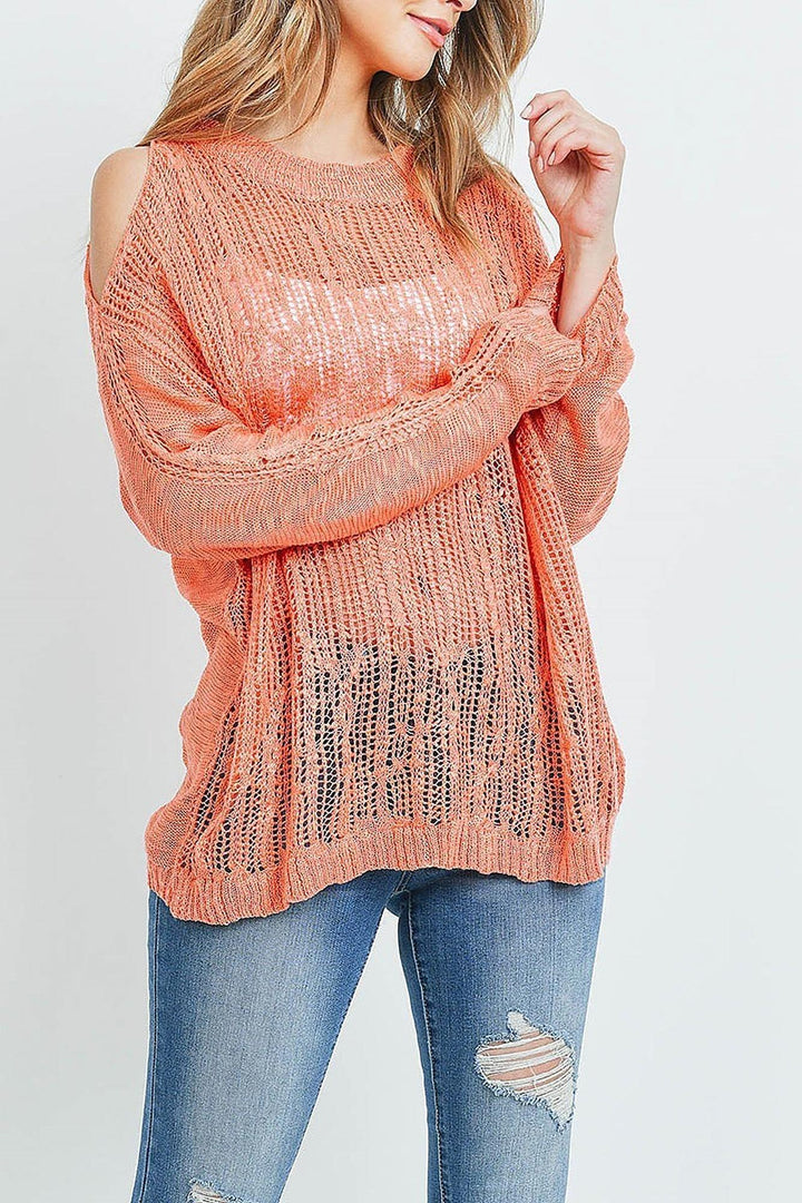 Wholesale Sheer Crochet Detail Cold Shoulder Sweater