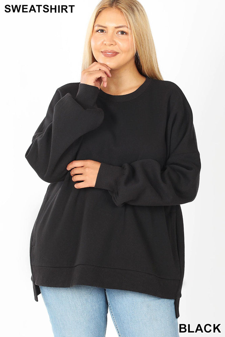 Wholesale Crew Neck Hi-Low Pullover Top with Side Pockets