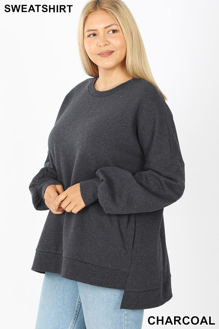 Wholesale Crew Neck Hi-Low Pullover Top with Side Pockets