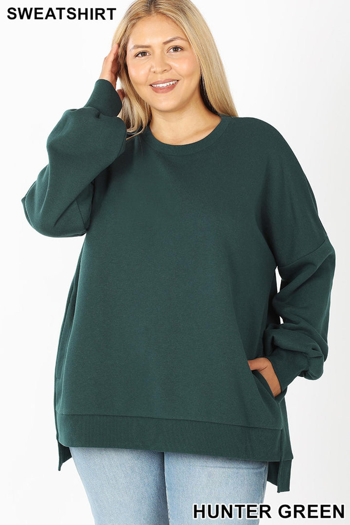 Wholesale Crew Neck Hi-Low Pullover Top with Side Pockets