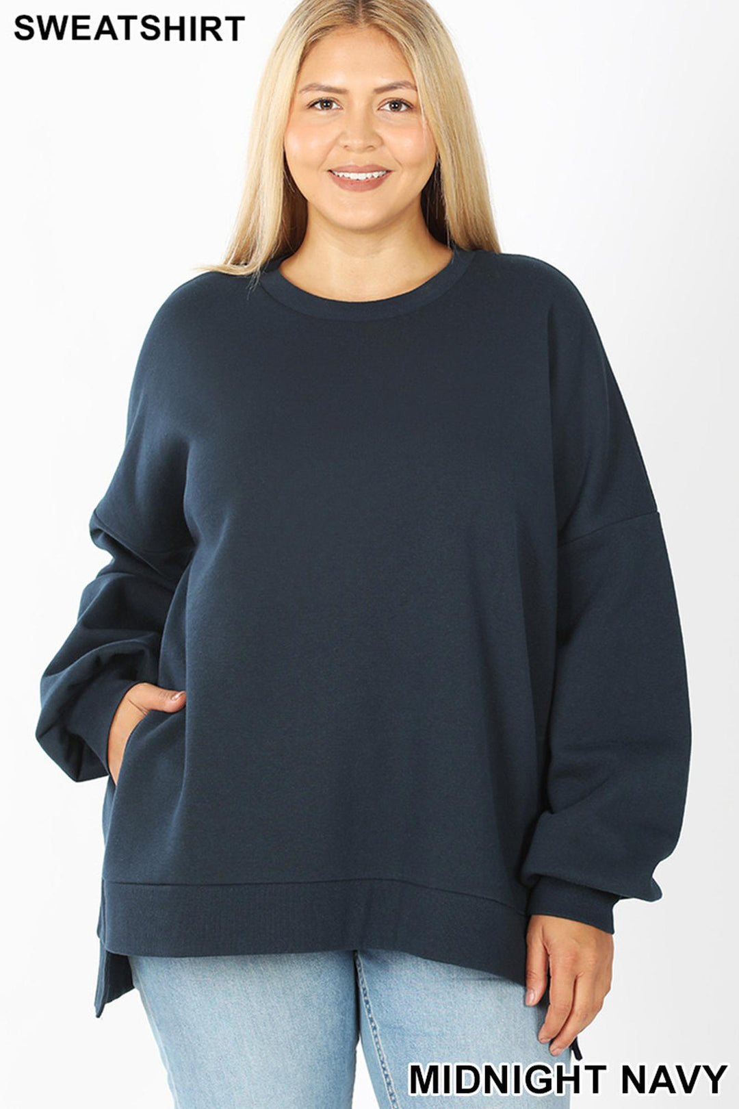 Wholesale Crew Neck Hi-Low Pullover Top with Side Pockets