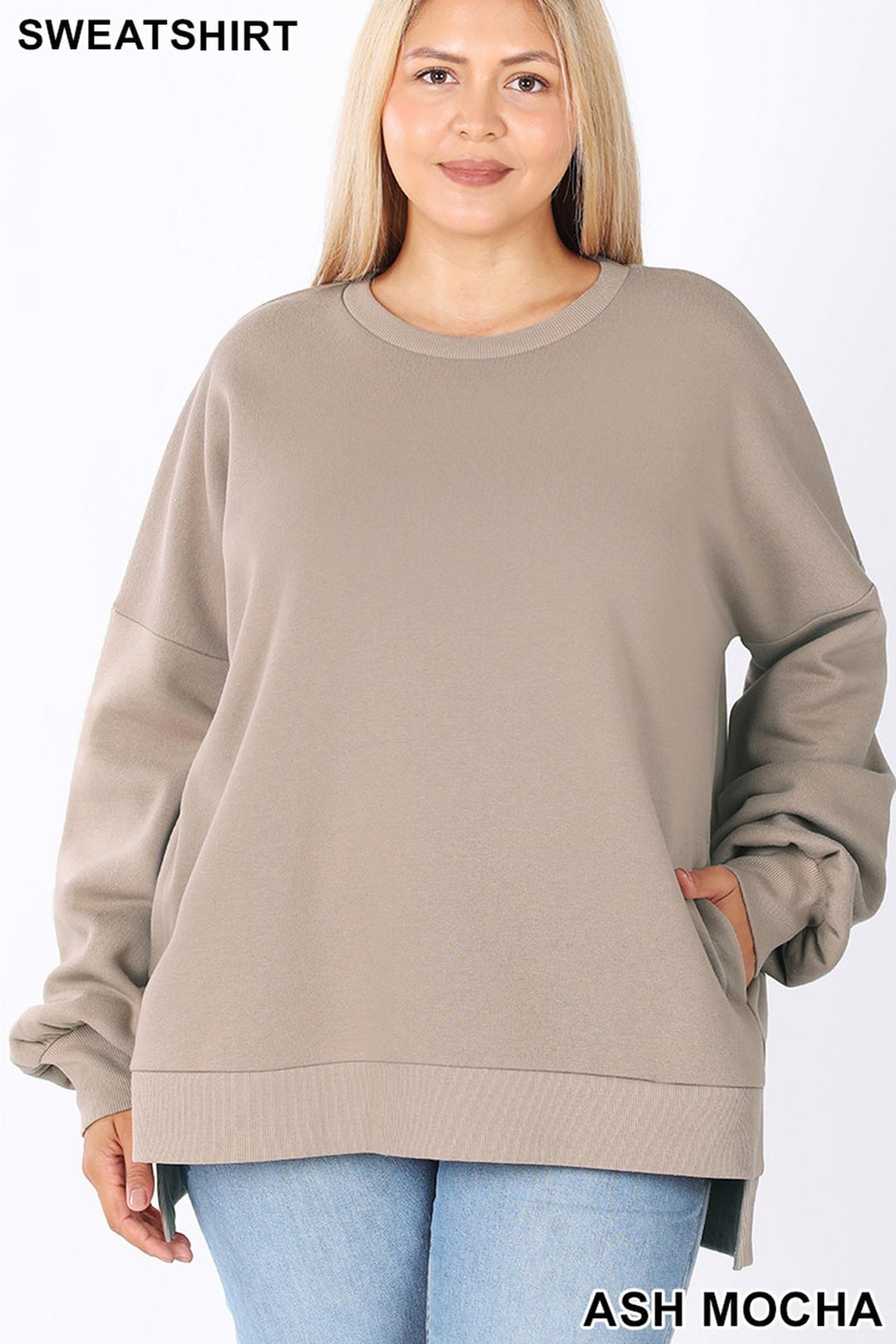 Wholesale Crew Neck Hi-Low Pullover Top with Side Pockets