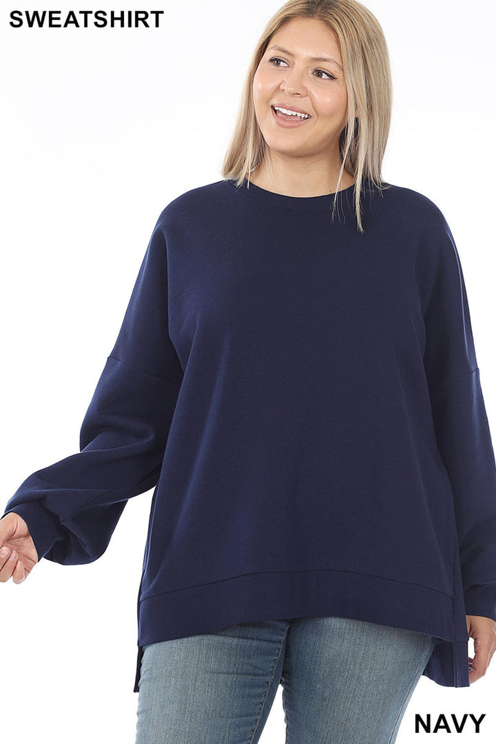 Wholesale Crew Neck Hi-Low Pullover Top with Side Pockets