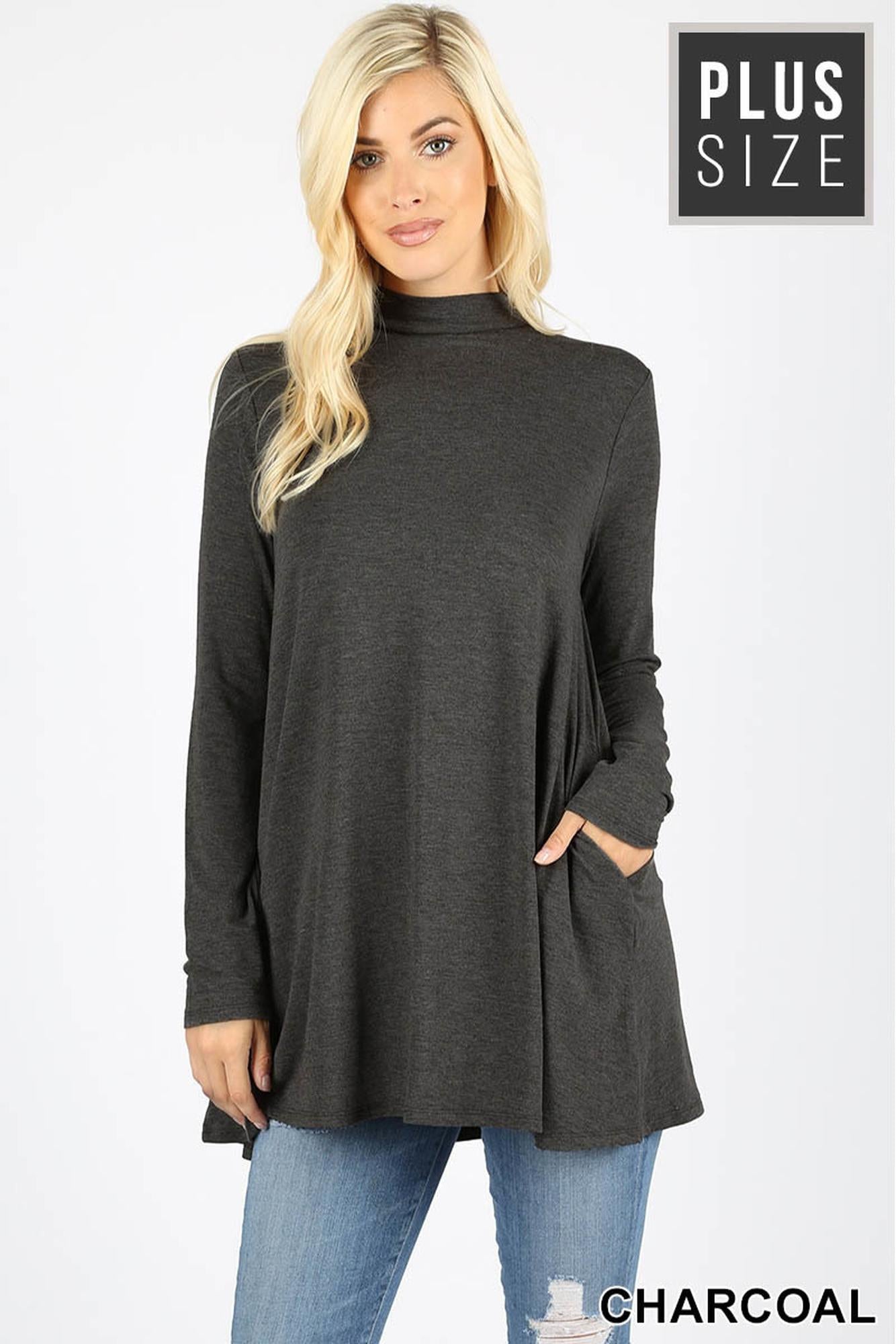 Wholesale Long Sleeve Mock Neck Plus Size Top with Pockets