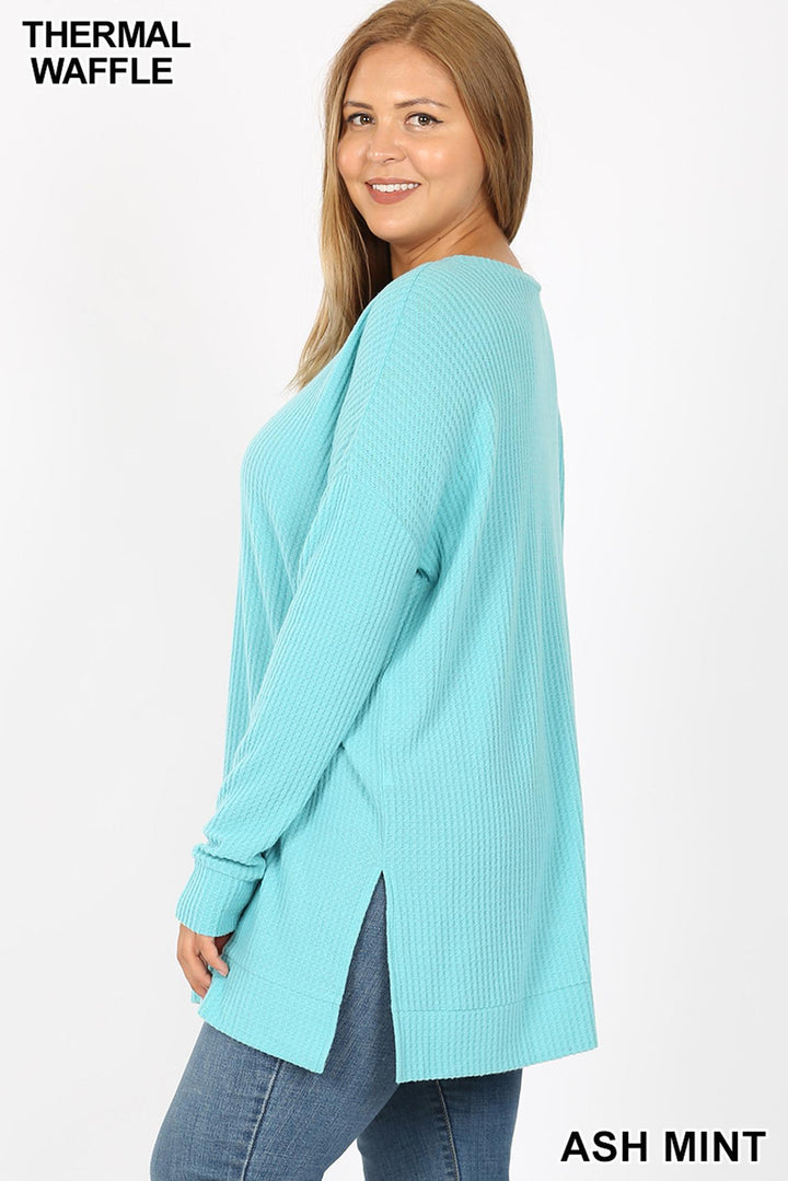 Wholesale Brushed Thermal Waffle Knit Round Neck Plus Size Top