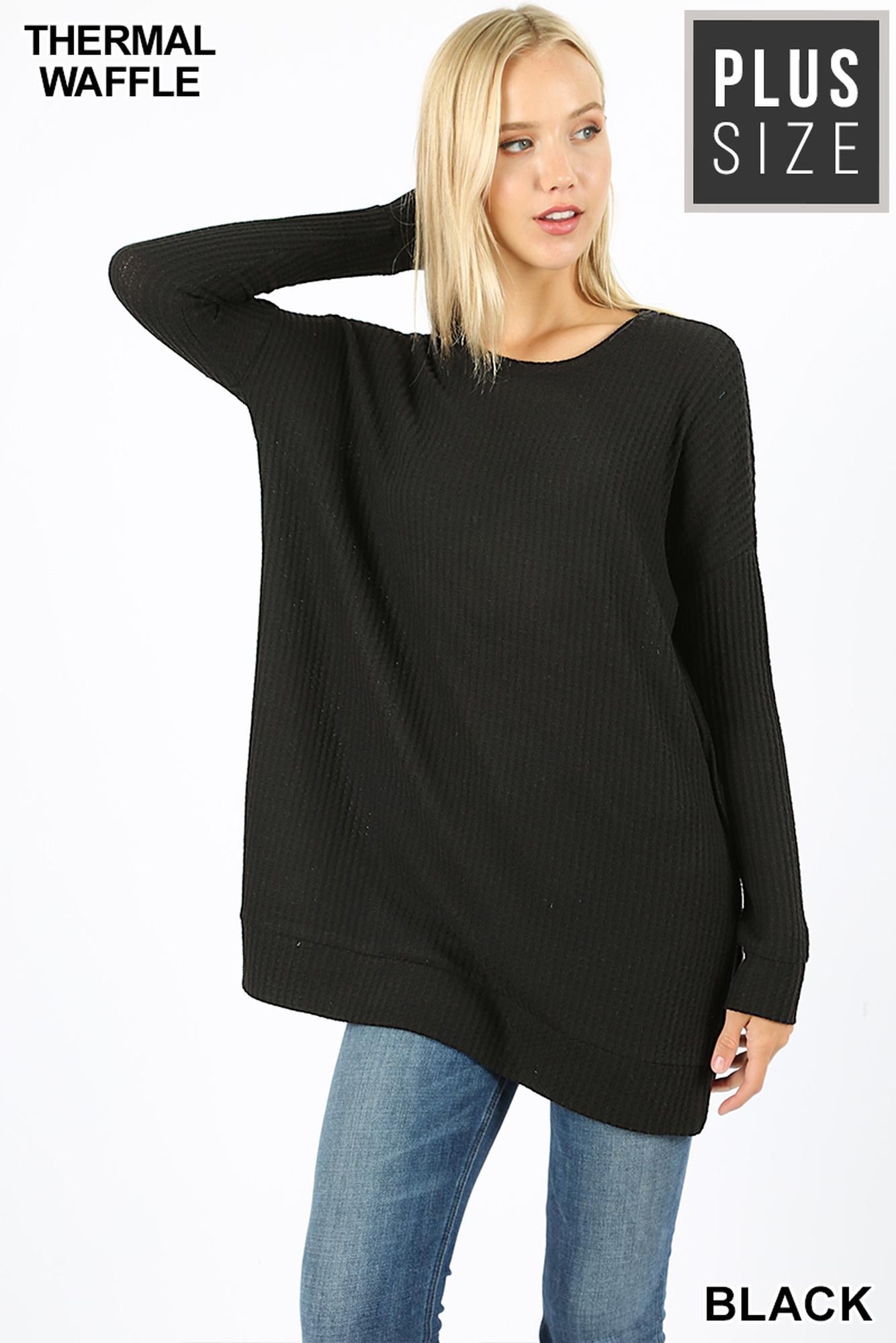 Wholesale Brushed Thermal Waffle Knit Round Neck Plus Size Top
