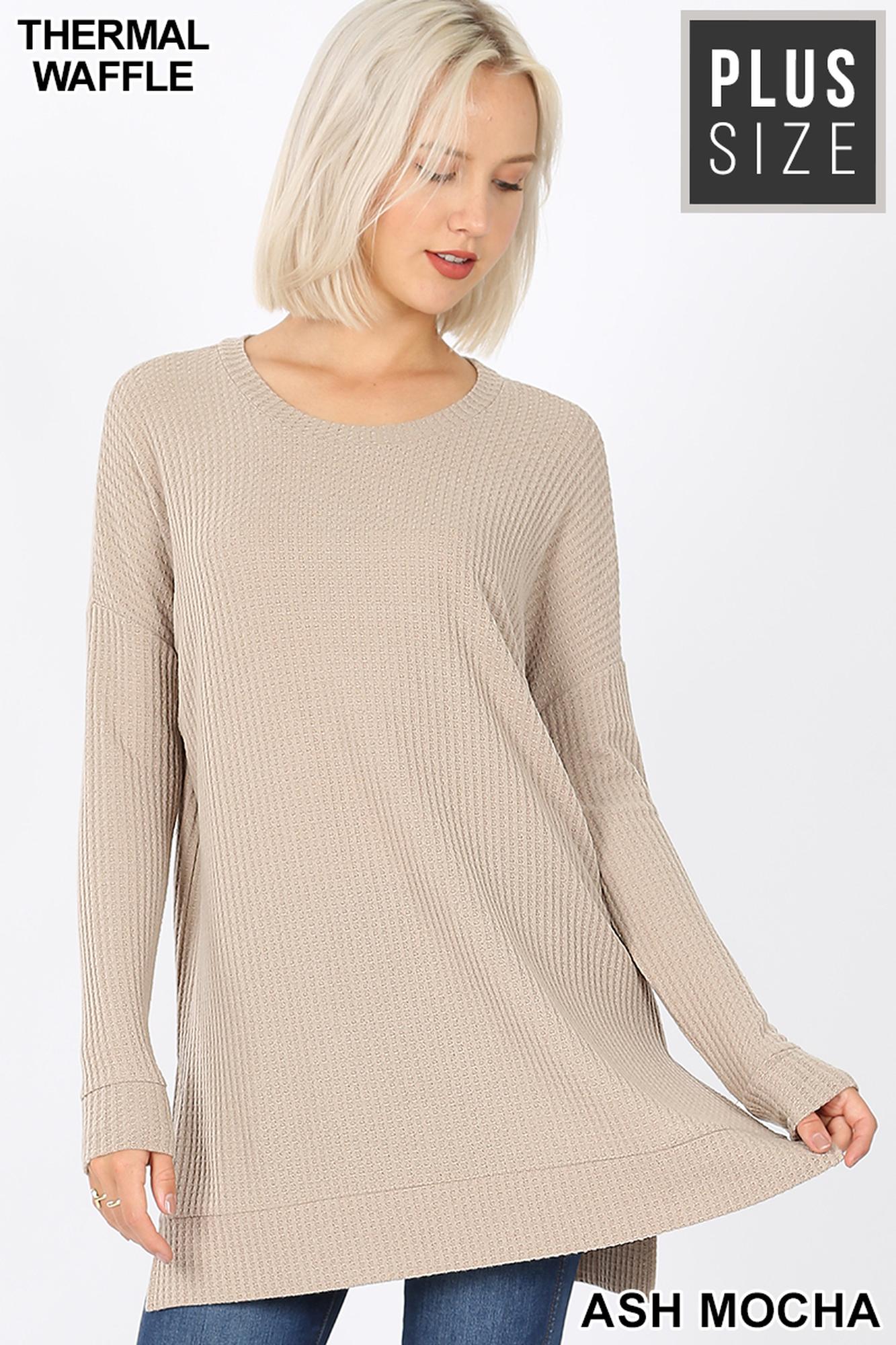 Wholesale Brushed Thermal Waffle Knit Round Neck Plus Size Top