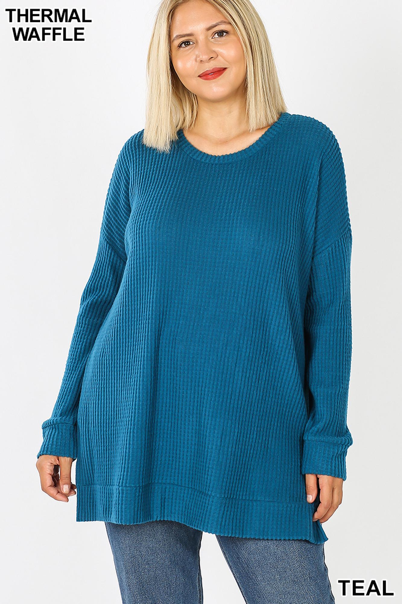 Wholesale Brushed Thermal Waffle Knit Round Neck Plus Size Top