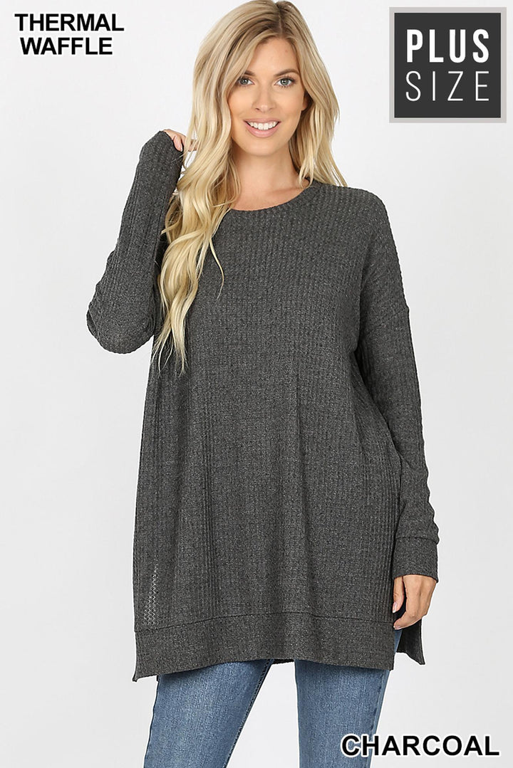 Wholesale Brushed Thermal Waffle Knit Round Neck Plus Size Top