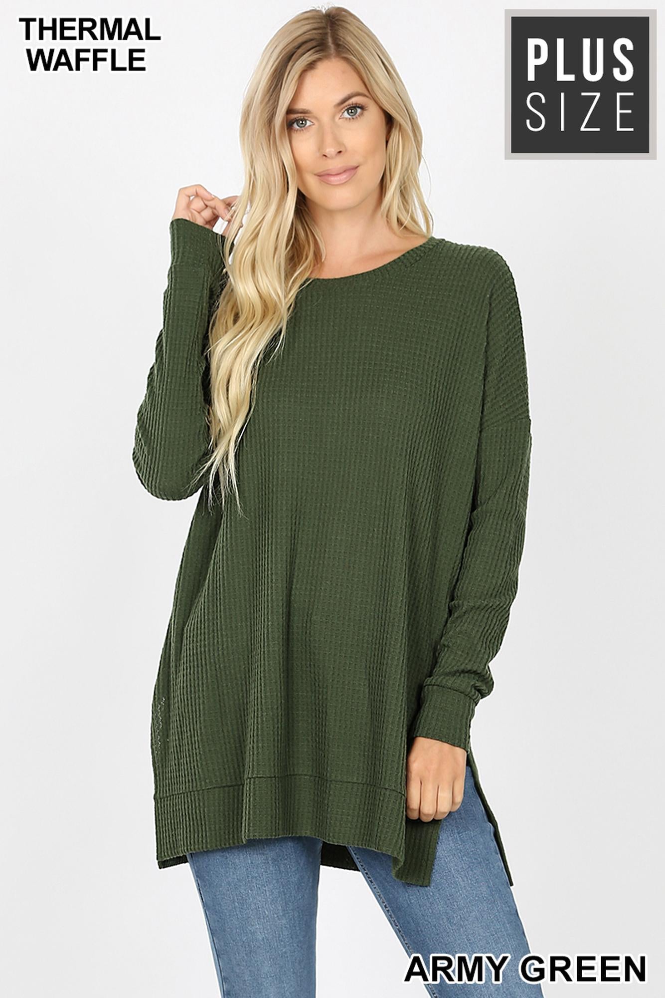 Wholesale Brushed Thermal Waffle Knit Round Neck Plus Size Top