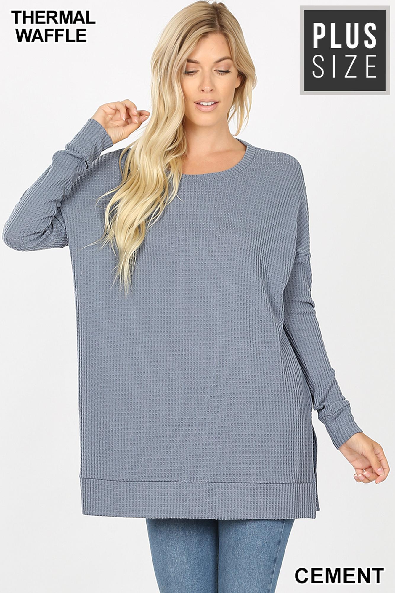 Wholesale Brushed Thermal Waffle Knit Round Neck Plus Size Top