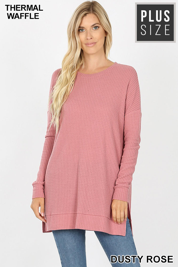 Wholesale Brushed Thermal Waffle Knit Round Neck Plus Size Top