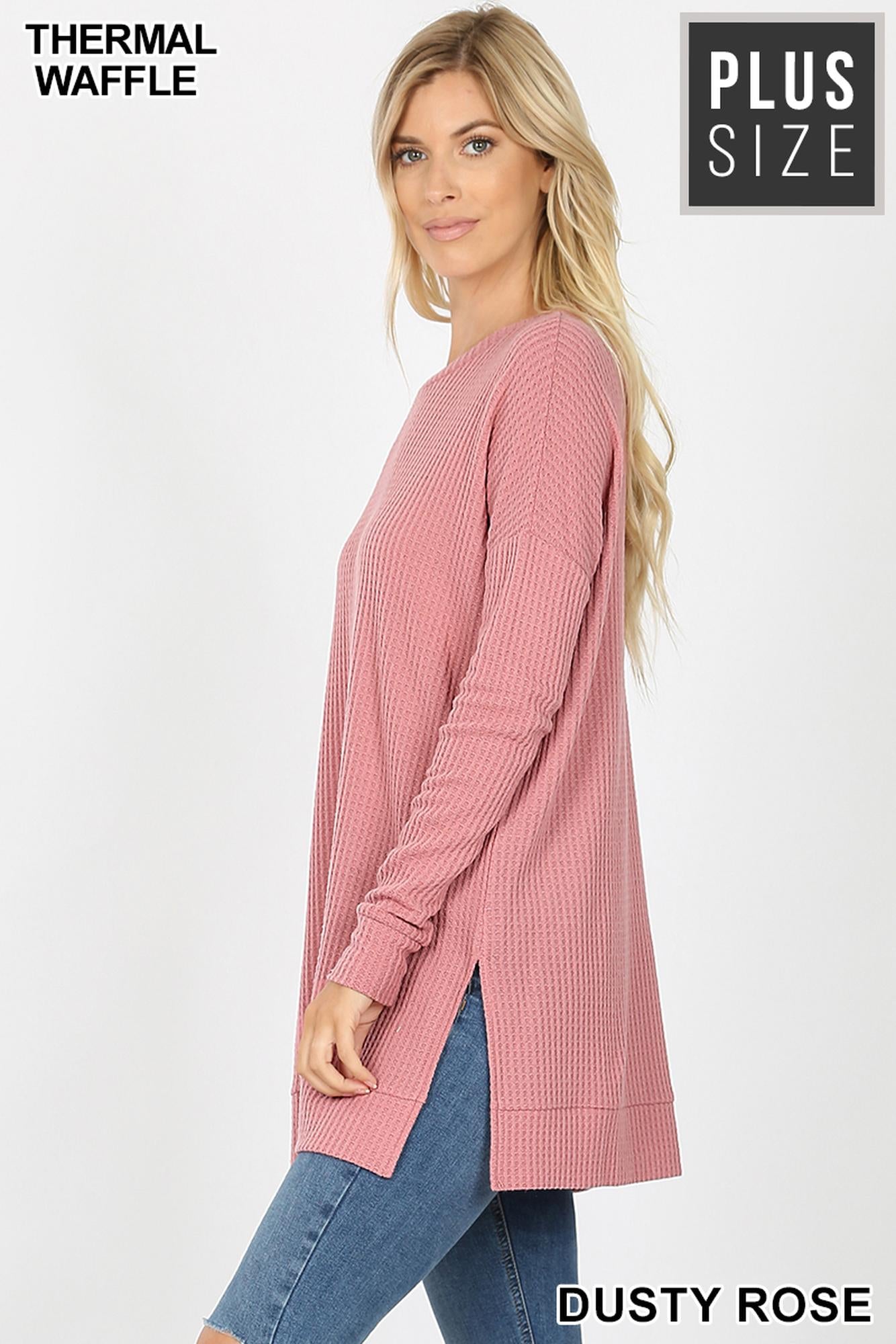 Wholesale Brushed Thermal Waffle Knit Round Neck Plus Size Top