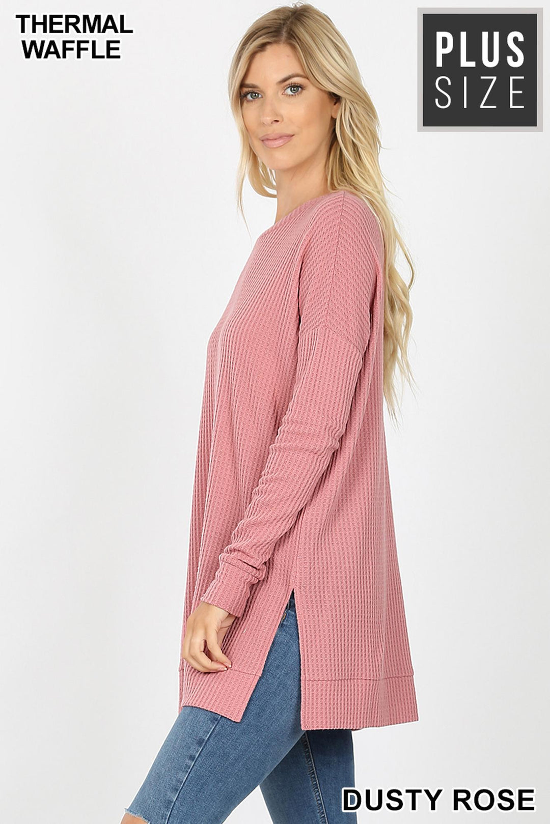 Wholesale Brushed Thermal Waffle Knit Round Neck Plus Size Top