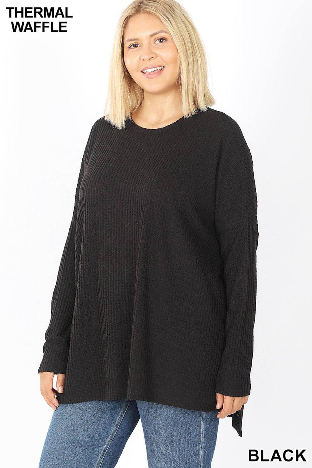 Wholesale Brushed Thermal Waffle Knit Round Neck Hi-Low Plus Size Sweater