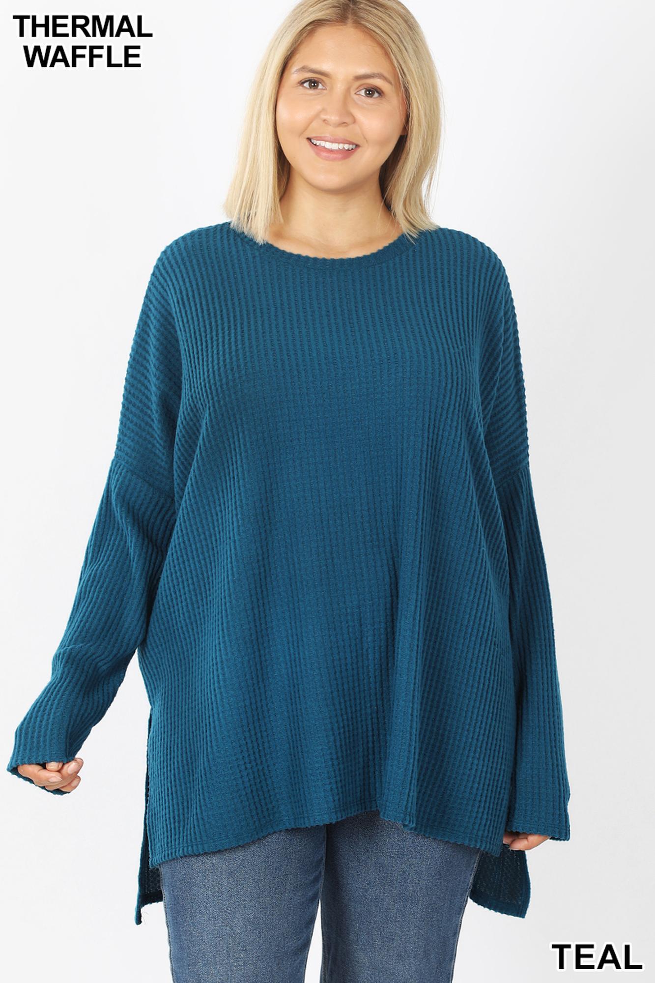 Wholesale Brushed Thermal Waffle Knit Round Neck Hi-Low Plus Size Sweater