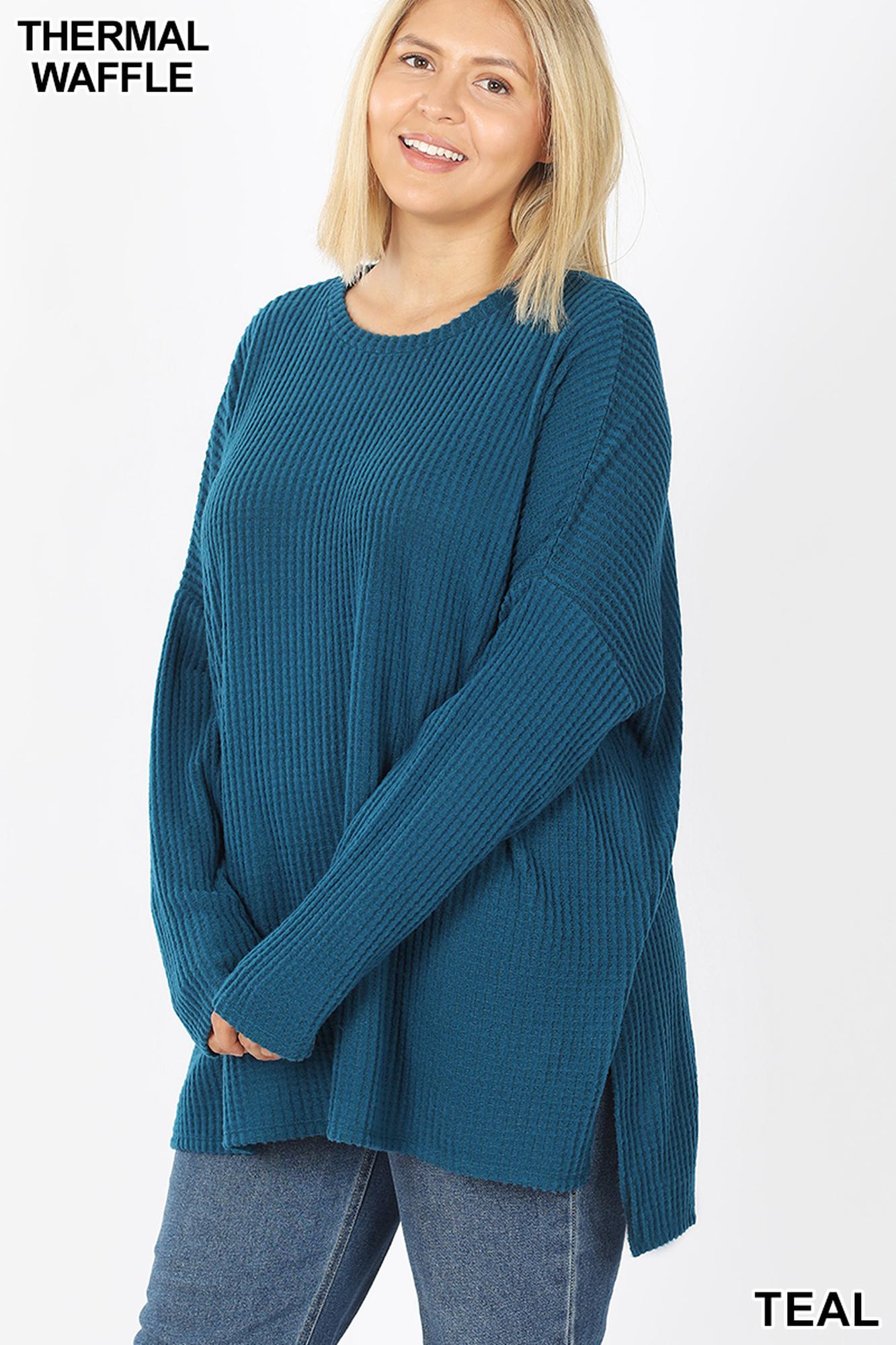 Wholesale Brushed Thermal Waffle Knit Round Neck Hi-Low Plus Size Sweater
