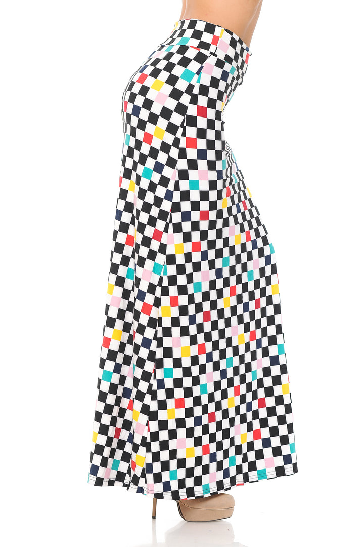 Wholesale Buttery Smooth Color Accent Checkered Maxi Skirt