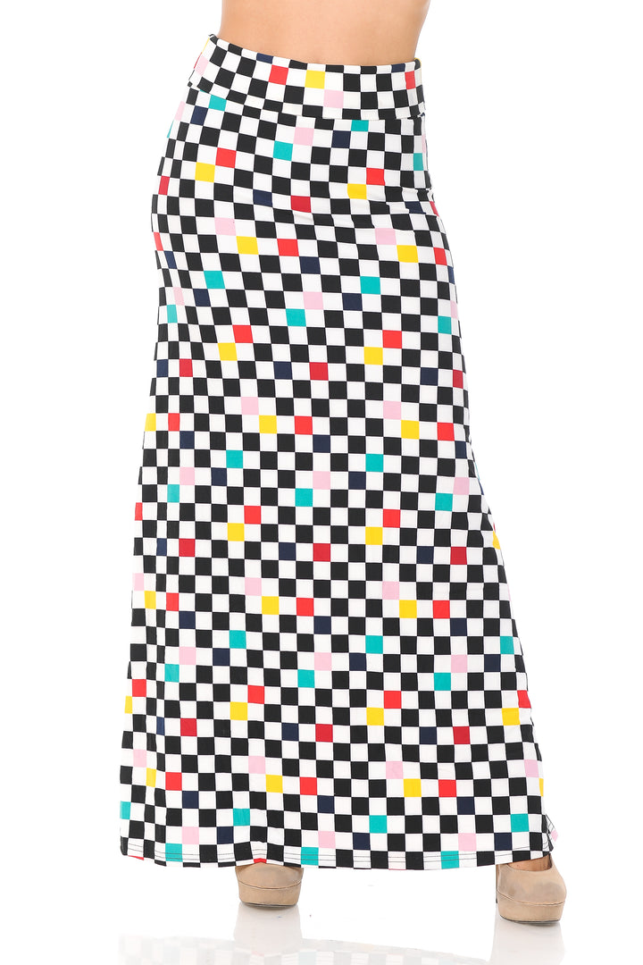 Wholesale Buttery Smooth Color Accent Checkered Maxi Skirt