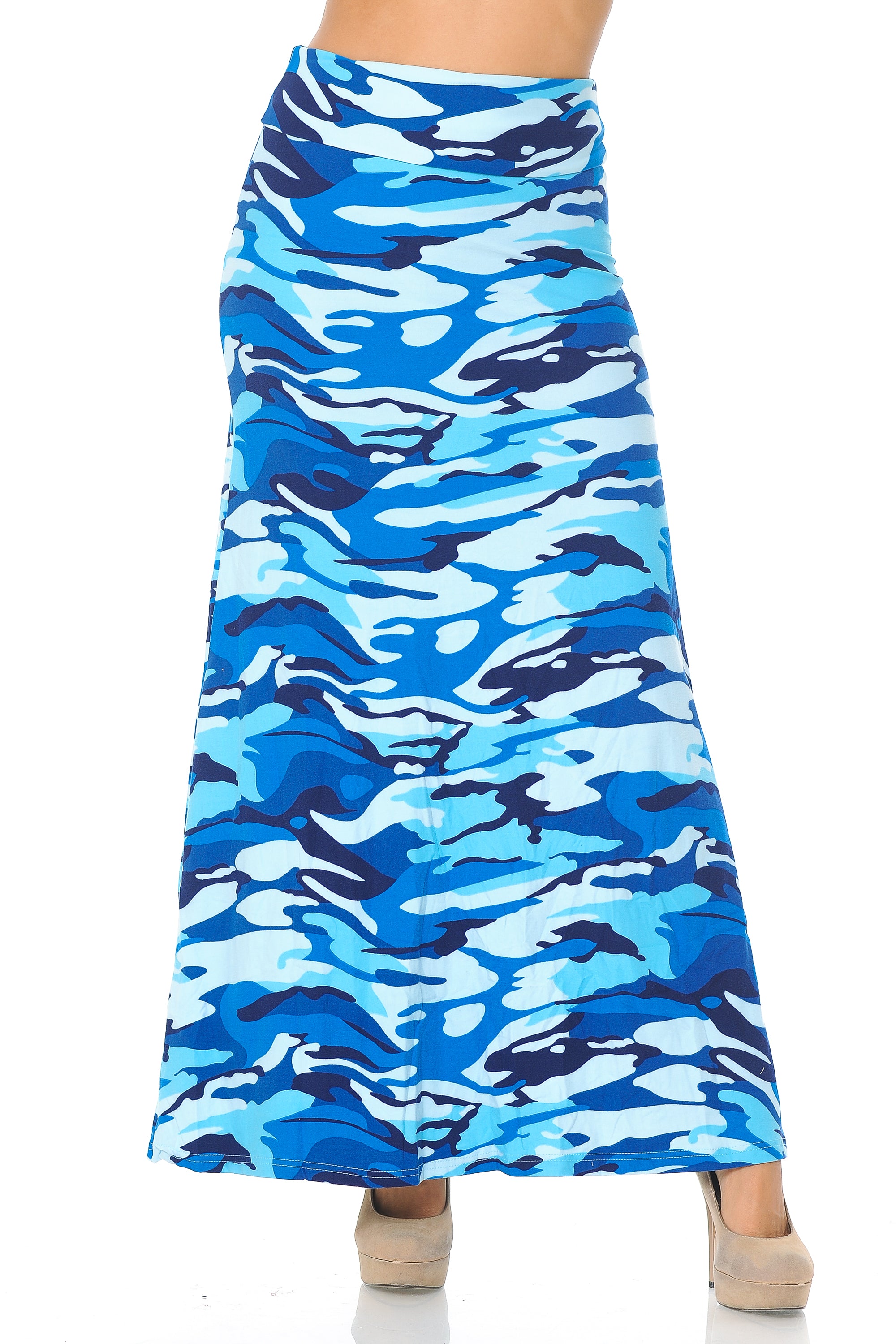 Wholesale Buttery Smooth Blue Camouflage Plus Size Maxi Skirt