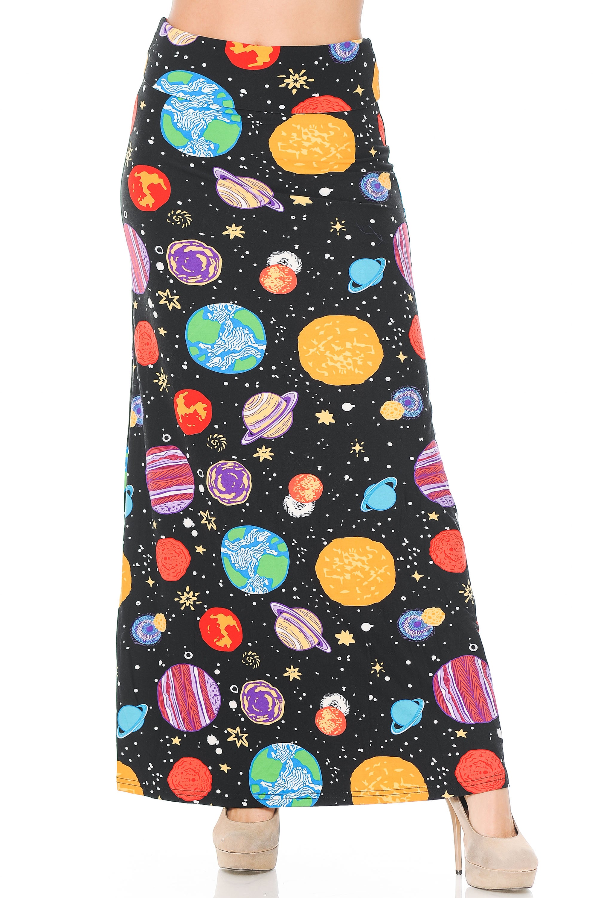 Wholesale Buttery Smooth Planets in Space Plus Size Maxi Skirt